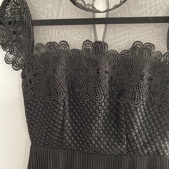 Black Midi Dress, Sheer neckline with lace and Pleated skirt - Picture 2 of 7